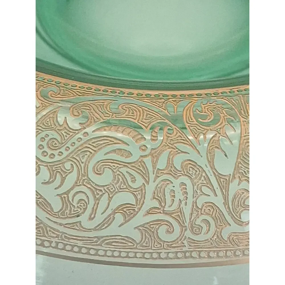 Lancaster Deco Brocade Green Uranium Glass Console Bowl 11” 1930s Gold Etching